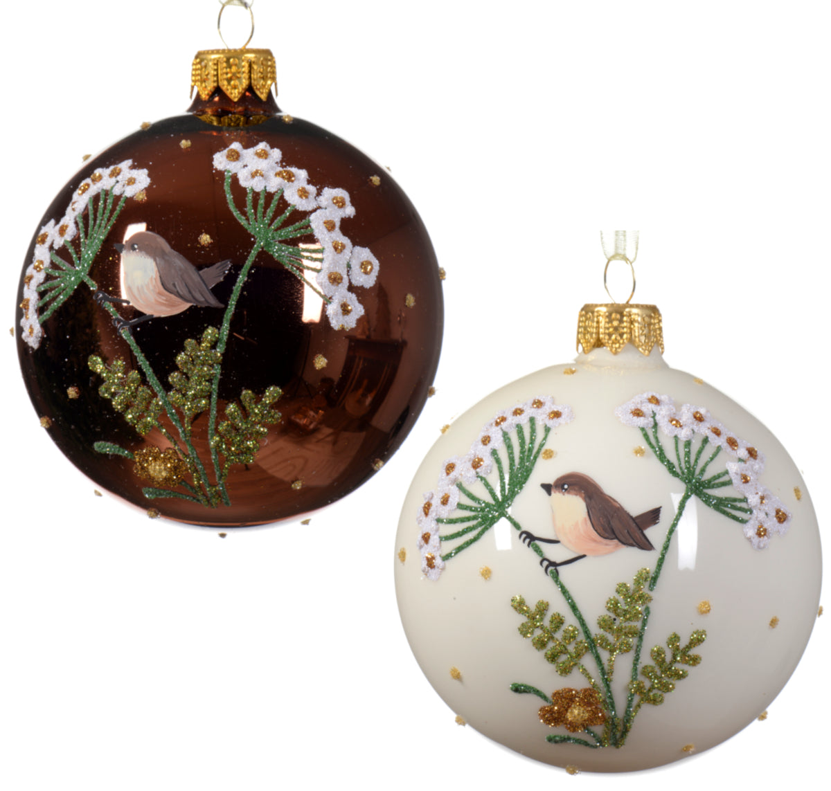 Finch Blown Glass Ornaments - European Mouth-Blown Bird Glass Balls, Set of 2 White and Brown