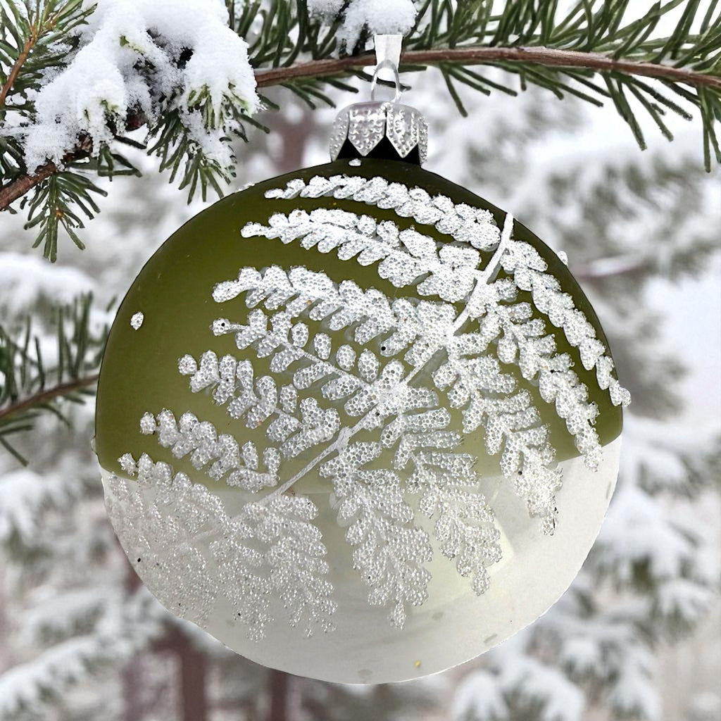 Fern Blown Glass Ornaments – Set of 2 European Baubles Balls Holiday Christmas Tree Decorations, Sage Green and Clear