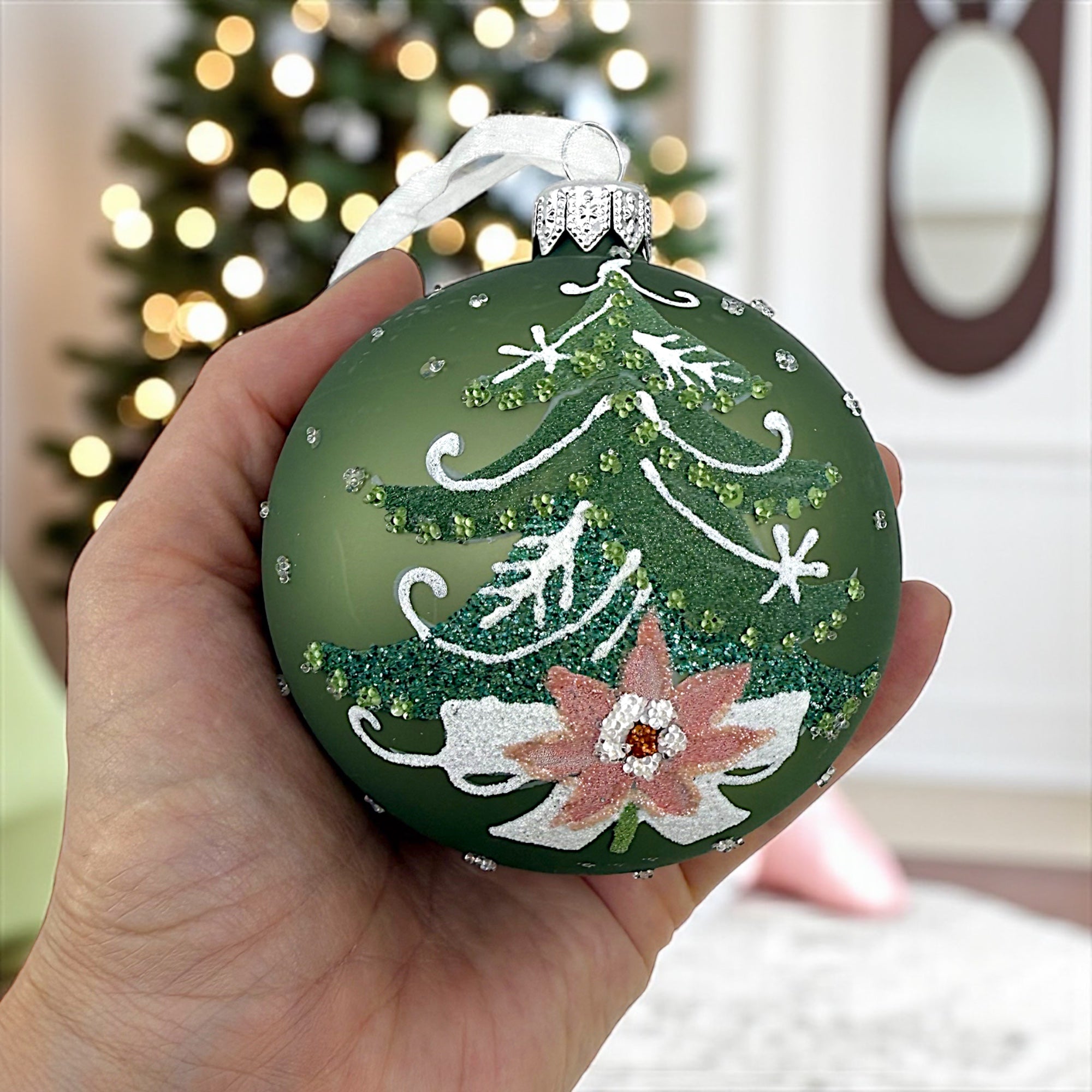 Pine Tree Blown Glass Ornaments - Set of 2 European Mouth-Blown Bauble Ball Holiday Christmas Tree Decorations, Green and Gold