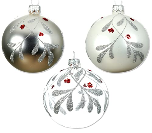 Silver and White Blown Glass Ornaments - Set of 3 Clear, White, and Silver Glass Balls