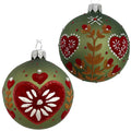 Folk Art Heart Ornaments – Set of 2 European Mouth-Blown Glass Ball Holiday Christmas Tree Decoration, Green and Red