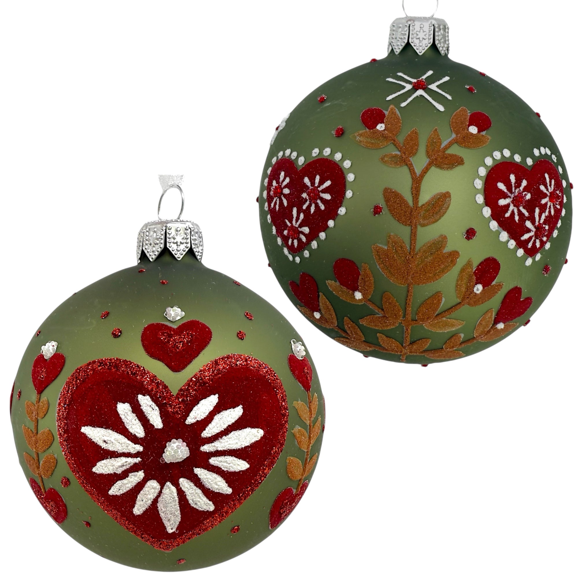 Folk Art Heart Ornaments – Set of 2 European Mouth-Blown Glass Ball Holiday Christmas Tree Decoration, Green and Red
