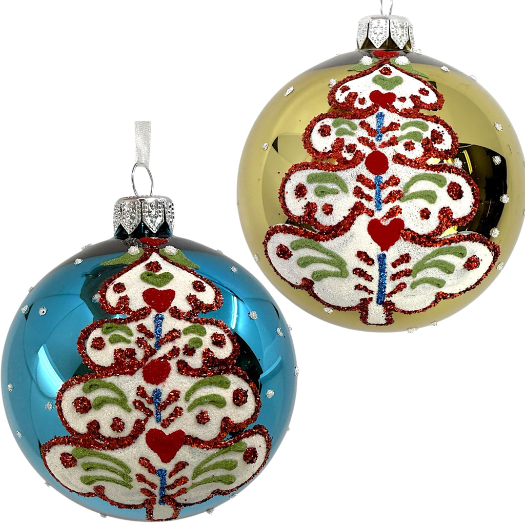 Folk Art Tree Glass Ornaments – Set of 2 European Mouth-Blown Bauble Ball Holiday Christmas Decoration, Gold, Blue