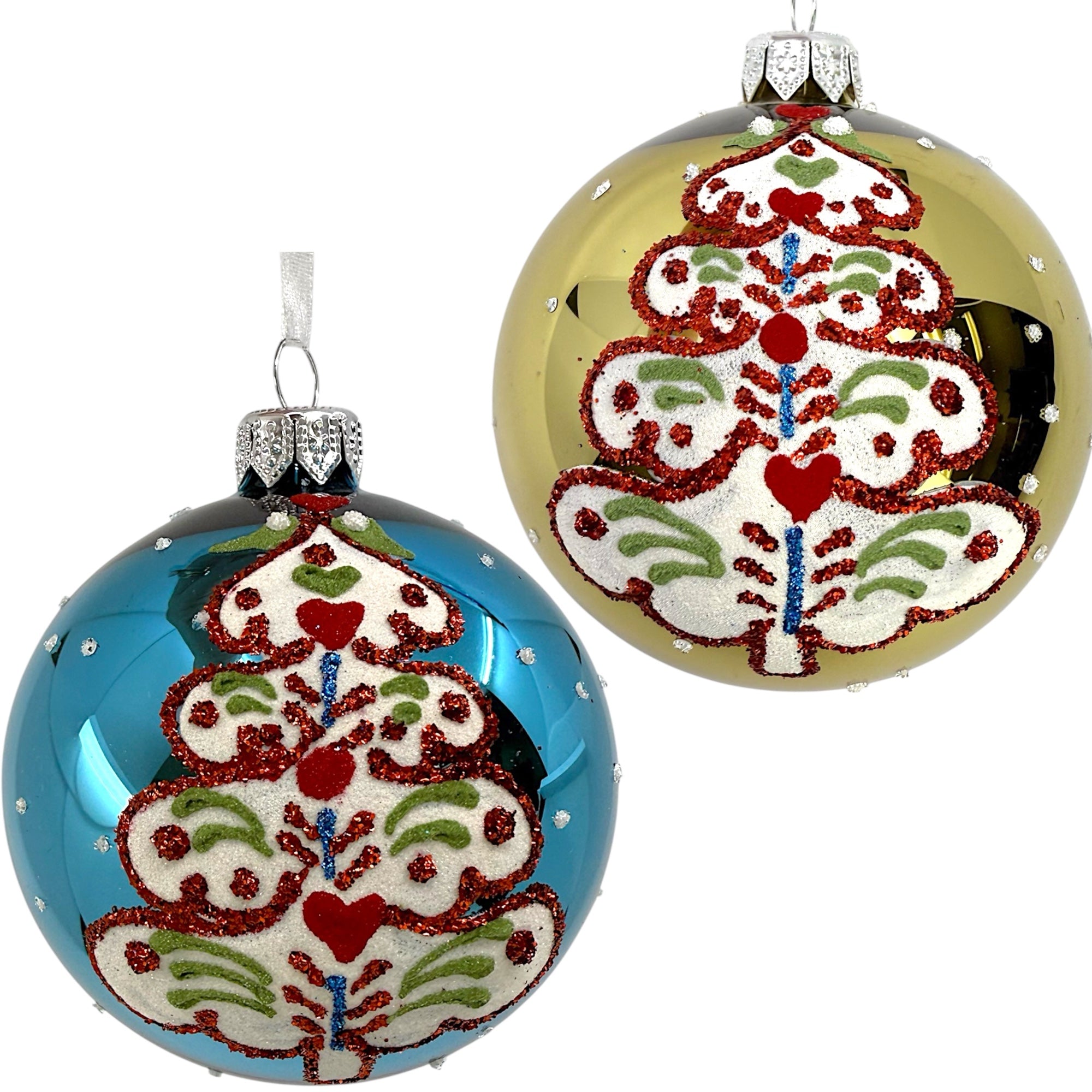 Folk Art Tree Glass Ornaments – Set of 2 European Mouth-Blown Bauble Ball Holiday Christmas Decoration, Gold, Blue