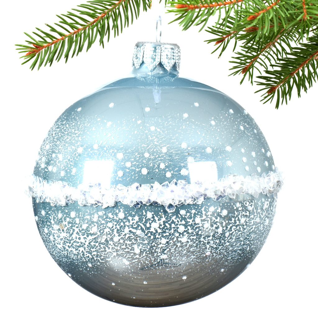 Coastal Snow on The Beach Blown Glass Ornaments - Set of 3 Blue, Green, and Silver Glass Balls