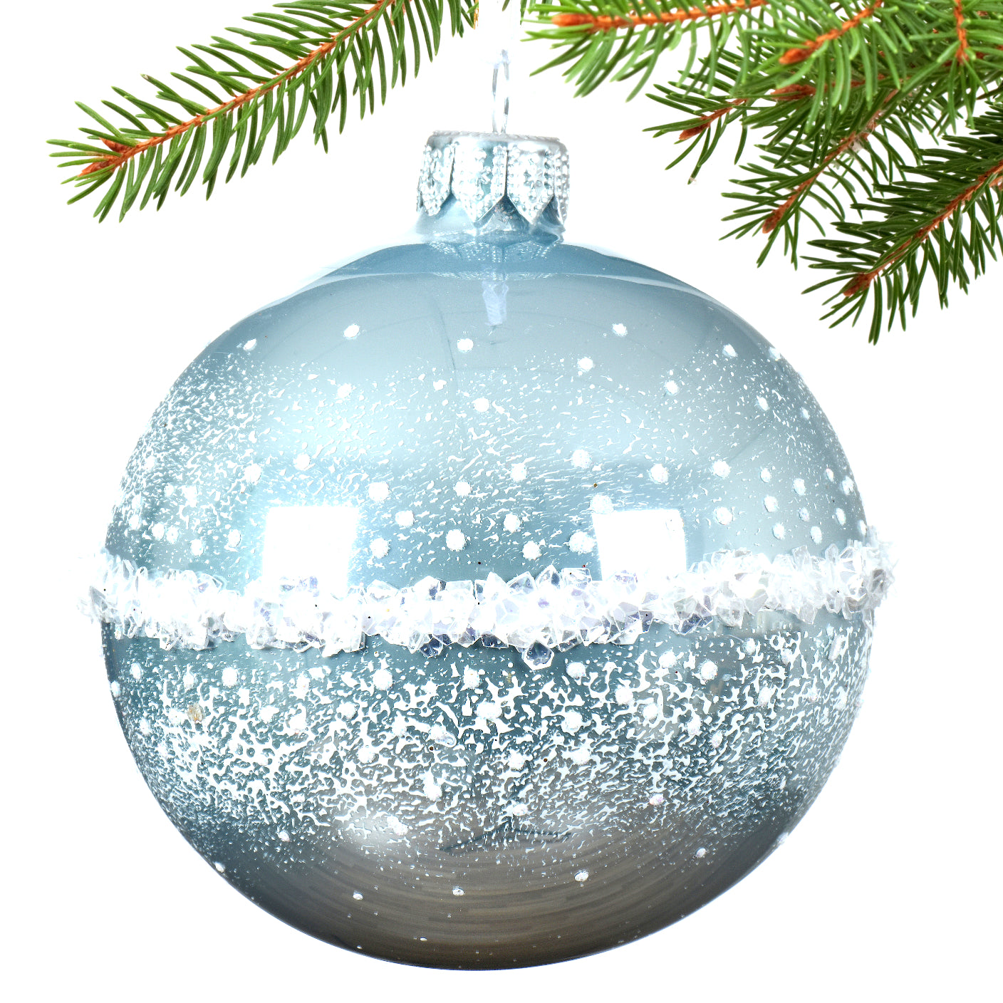 Coastal Snow on The Beach Blown Glass Ornaments - Set of 3 Blue, Green, and Silver Glass Balls