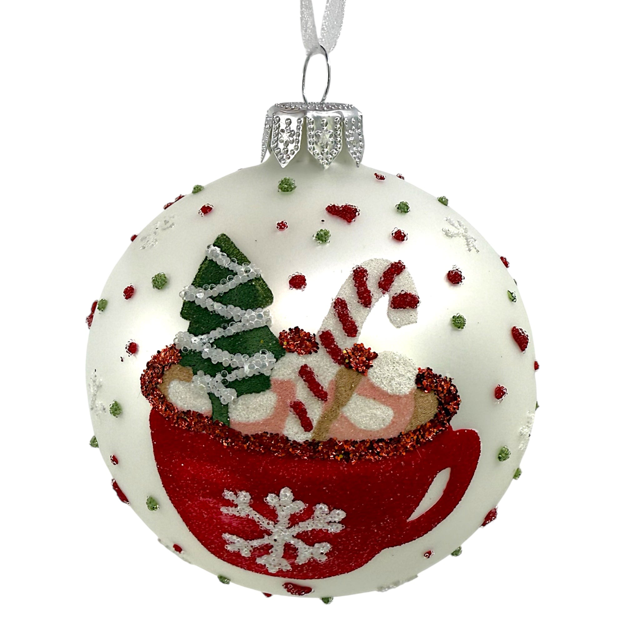 Hot Chocolate Glass Ornaments – Set of 2 European Mouth-Blown Bauble Ball Holiday Christmas Tree Decoration, Brown and White