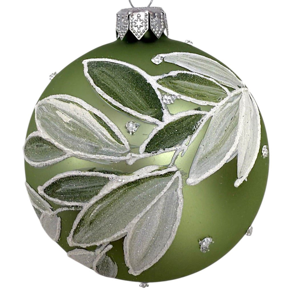 Eucalyptus Blown Glass Ornament - European Mouth-Blown Ball Holiday Christmas Tree Decoration, Sage Green