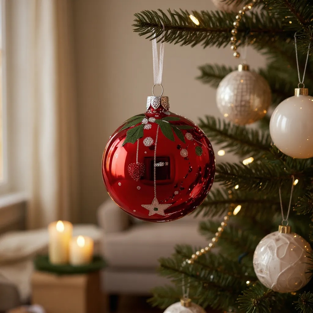 Mistletoe Heart Star Blown Glass Ornaments – Set of 2 European Mouth-Blown Bauble Ball Holiday Christmas Tree Decoration, Red, White, and Blue