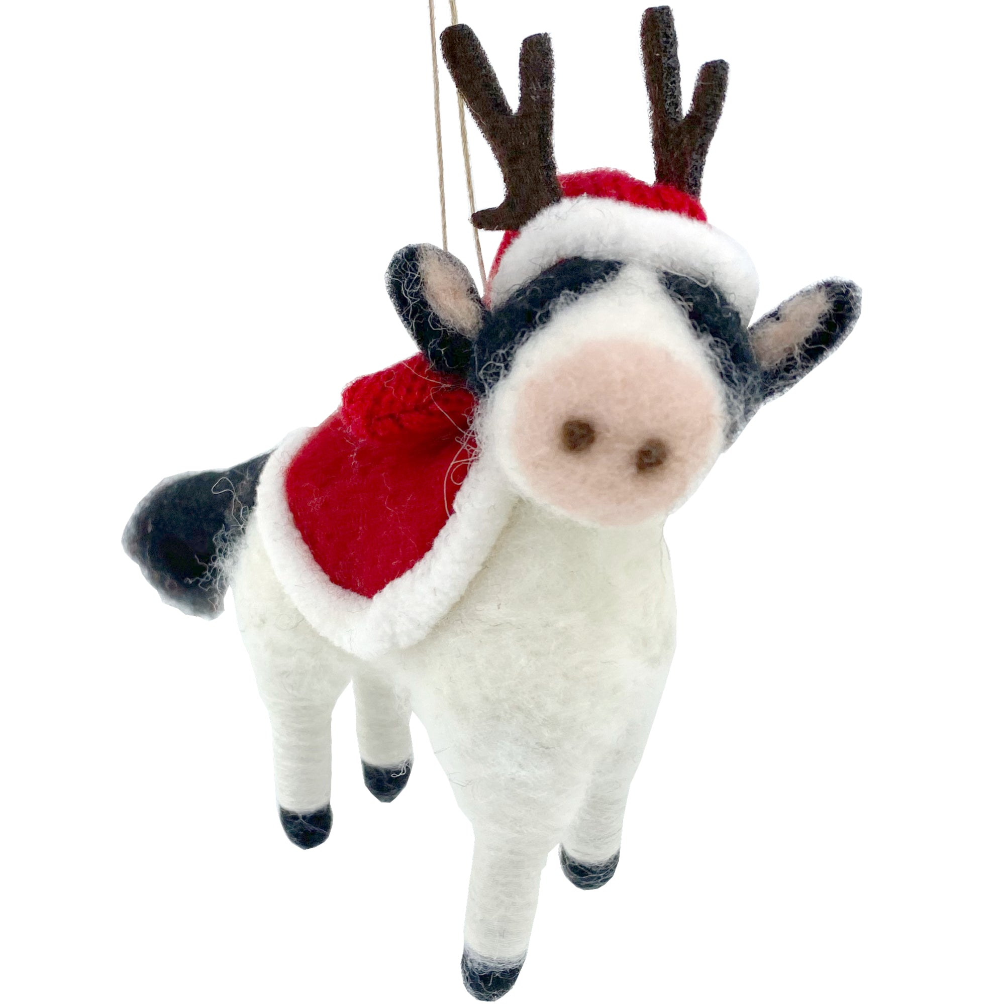 Cow Ornament - Wool Cow with Antlers and Santa Hat Christmas Decoration