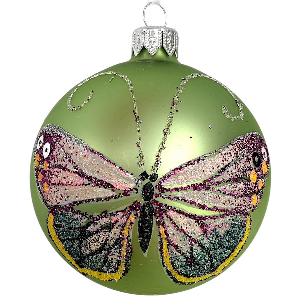 Butterfly Glass Ornaments- Set of 3 European Mouth-Blown Bauble Ball Holiday Christmas Tree Decoration, Green and Pink