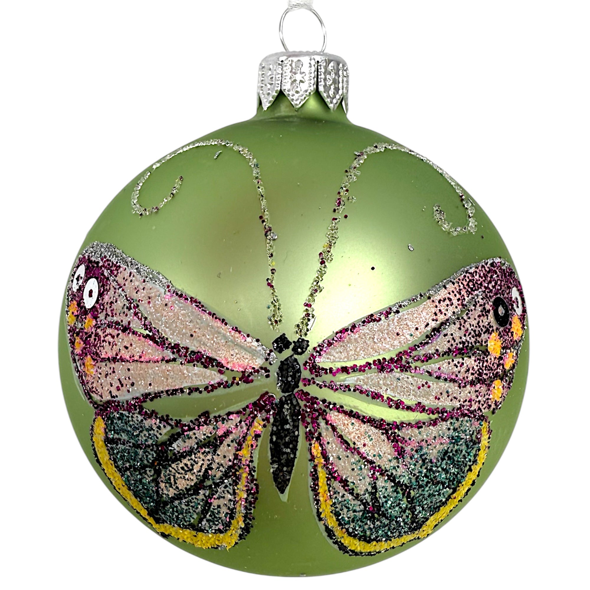 Butterfly Glass Ornaments- Set of 3 European Mouth-Blown Bauble Ball Holiday Christmas Tree Decoration, Green and Pink