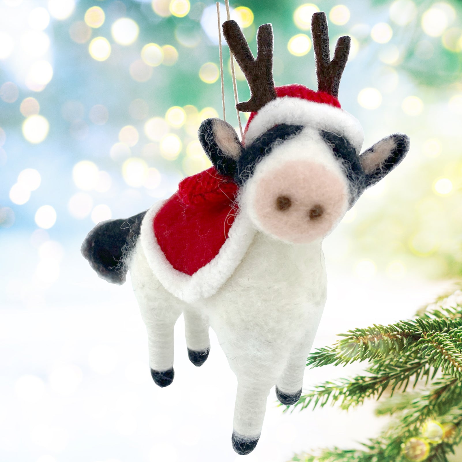 Cow Ornament - Wool Cow with Antlers and Santa Hat Christmas Decoration