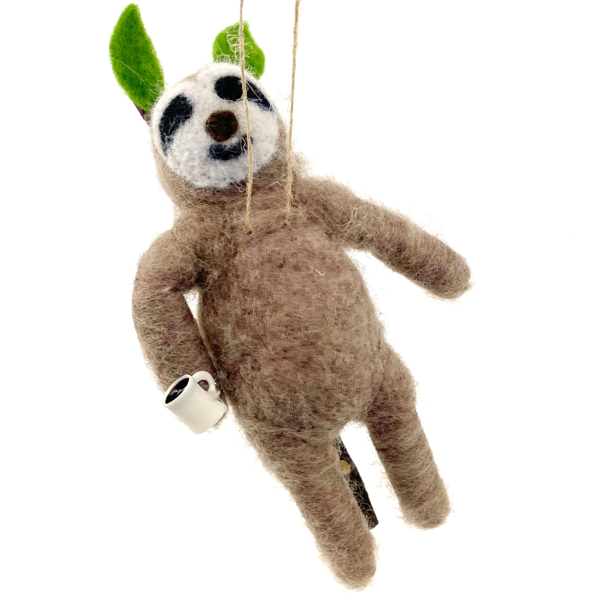 Coffee Sloth Ornament Wool Christmas Tree Decoration - Relaxing Sloth Laying on Branch