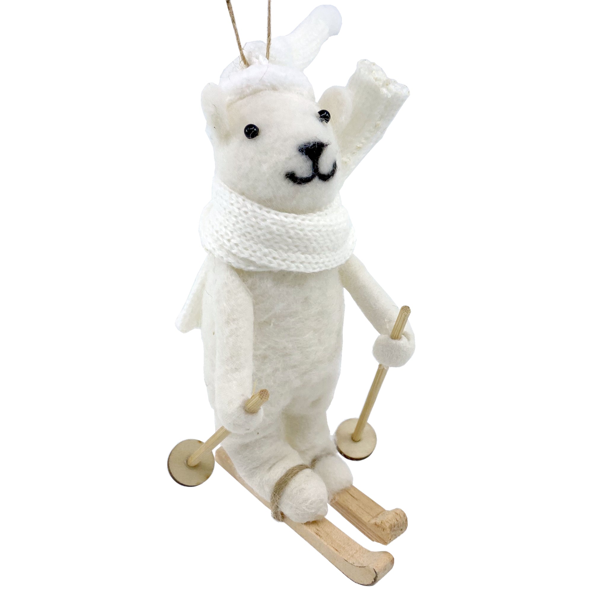 Skiing Polar Bear Ornament - Wool Bear with Skis Decoration for Christmas Tree