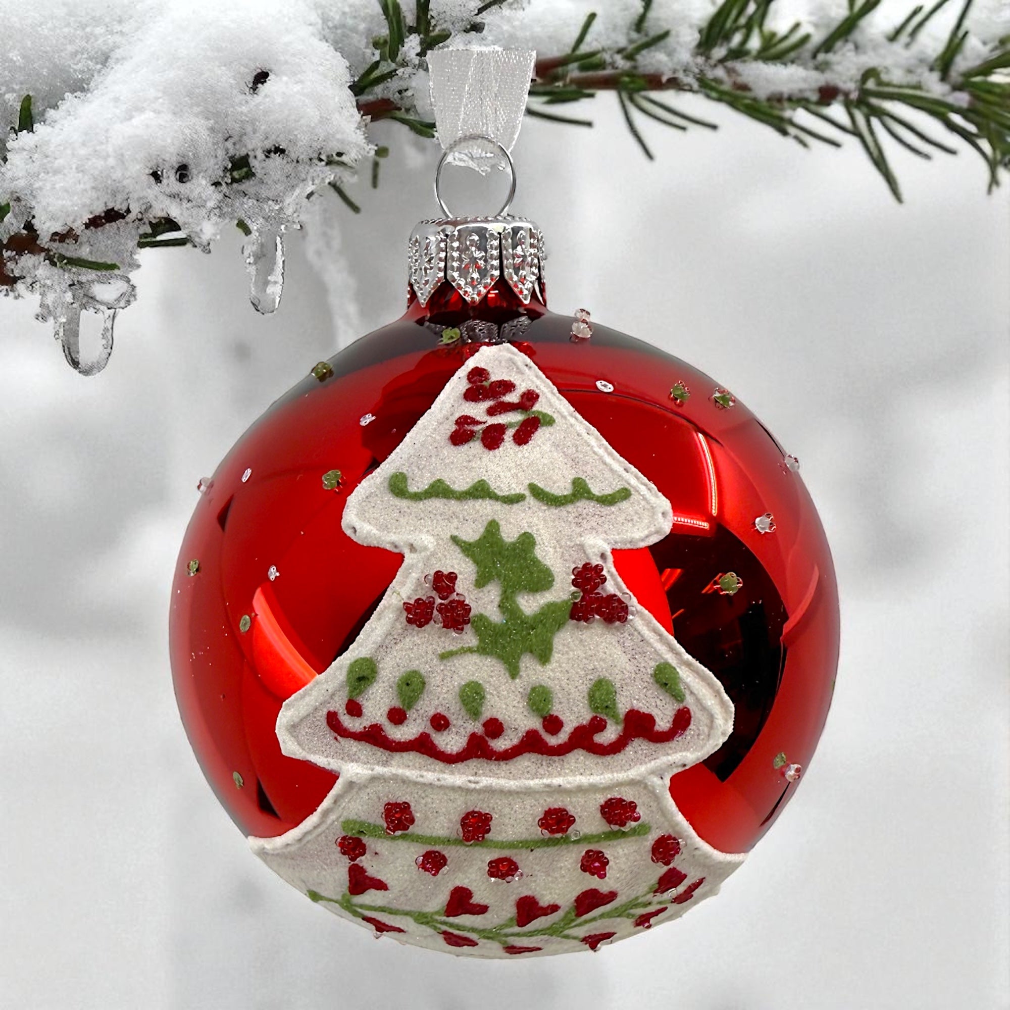 Folk Art Blown Glass Ornaments – Set of 2 European Bauble Ball Holiday Christmas Tree Decoration, Red and White