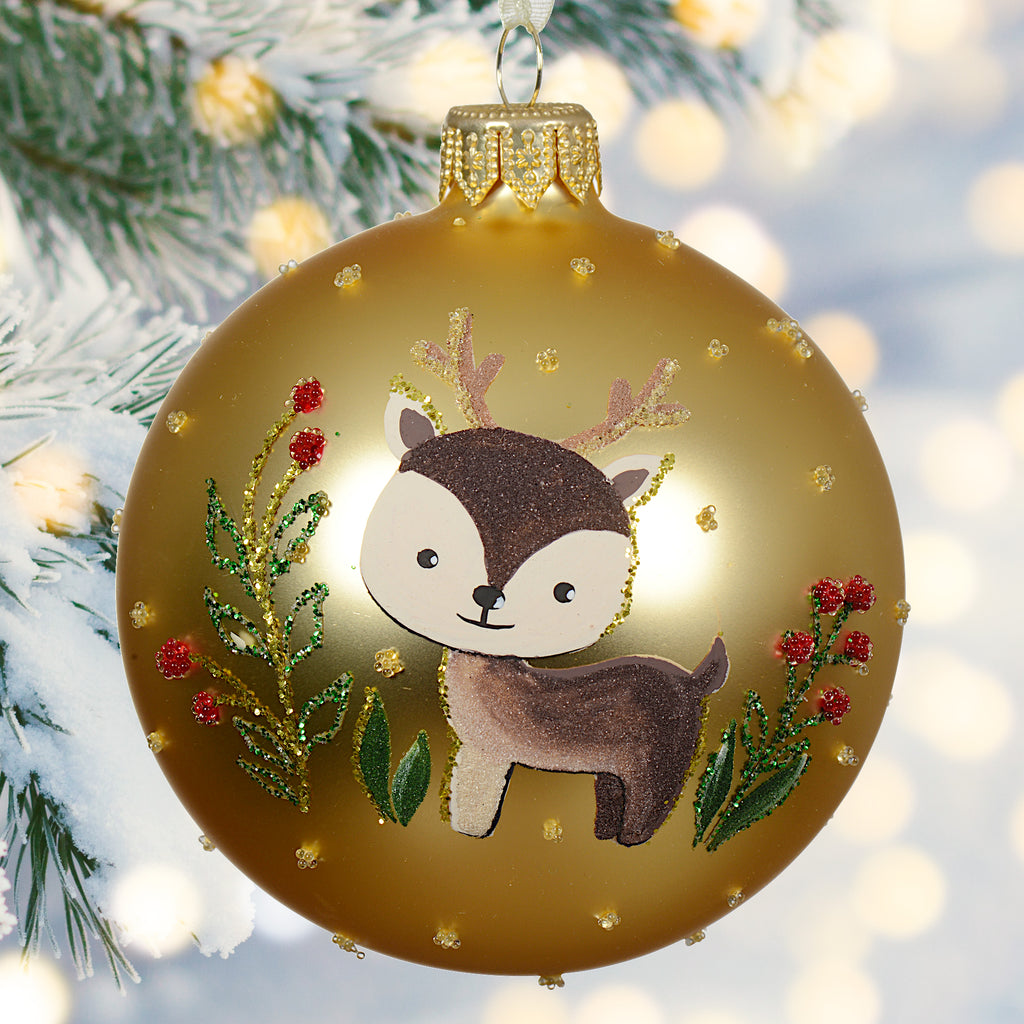 Baby Animals Blown Glass Ornaments – European Mouth-Blown Hand Painted Glass Balls Set of 6 - Deer, Squirrel, Bear, Chipmunk, Owl, and Fox