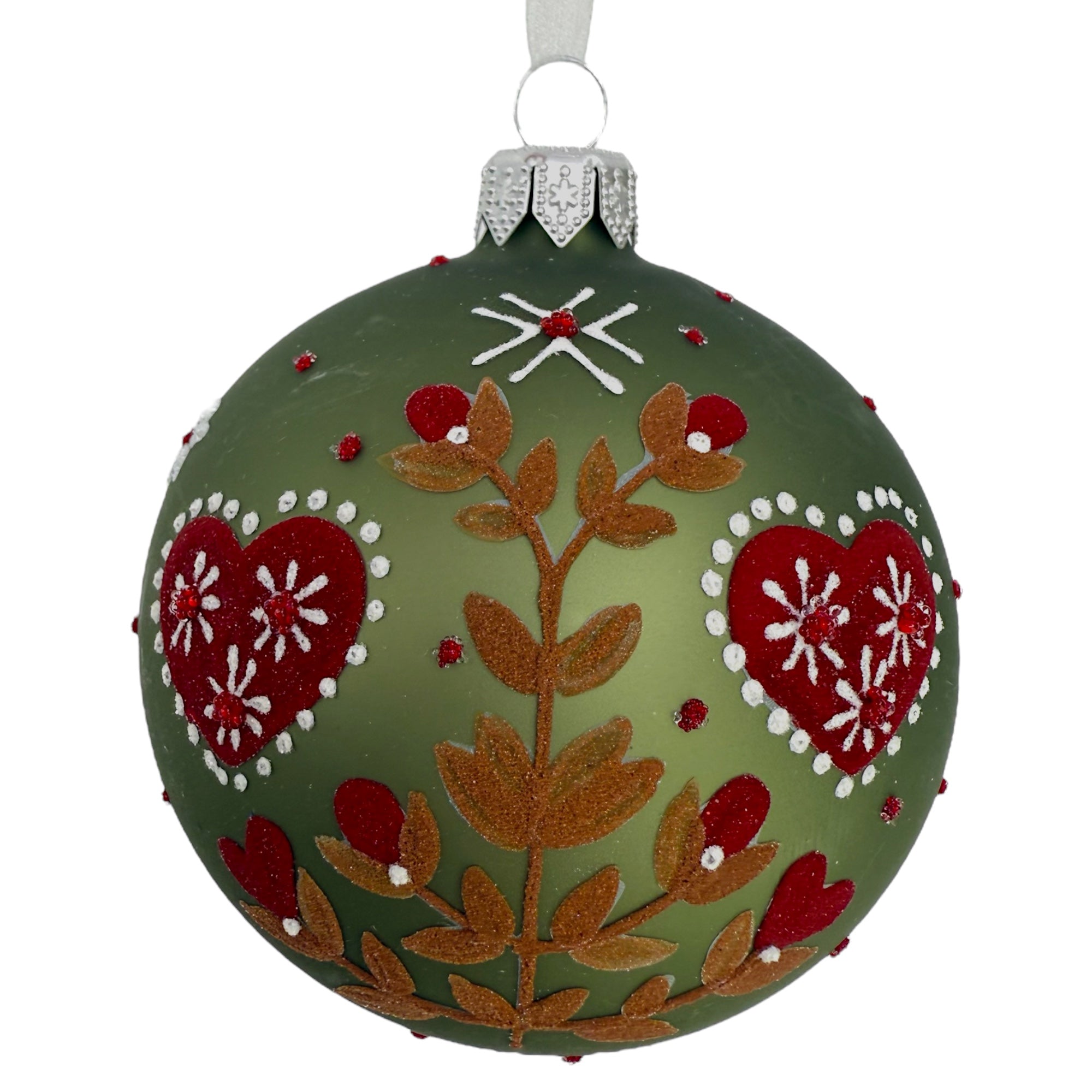 Folk Art Heart Ornaments – Set of 2 European Mouth-Blown Glass Ball Holiday Christmas Tree Decoration, Green and Red