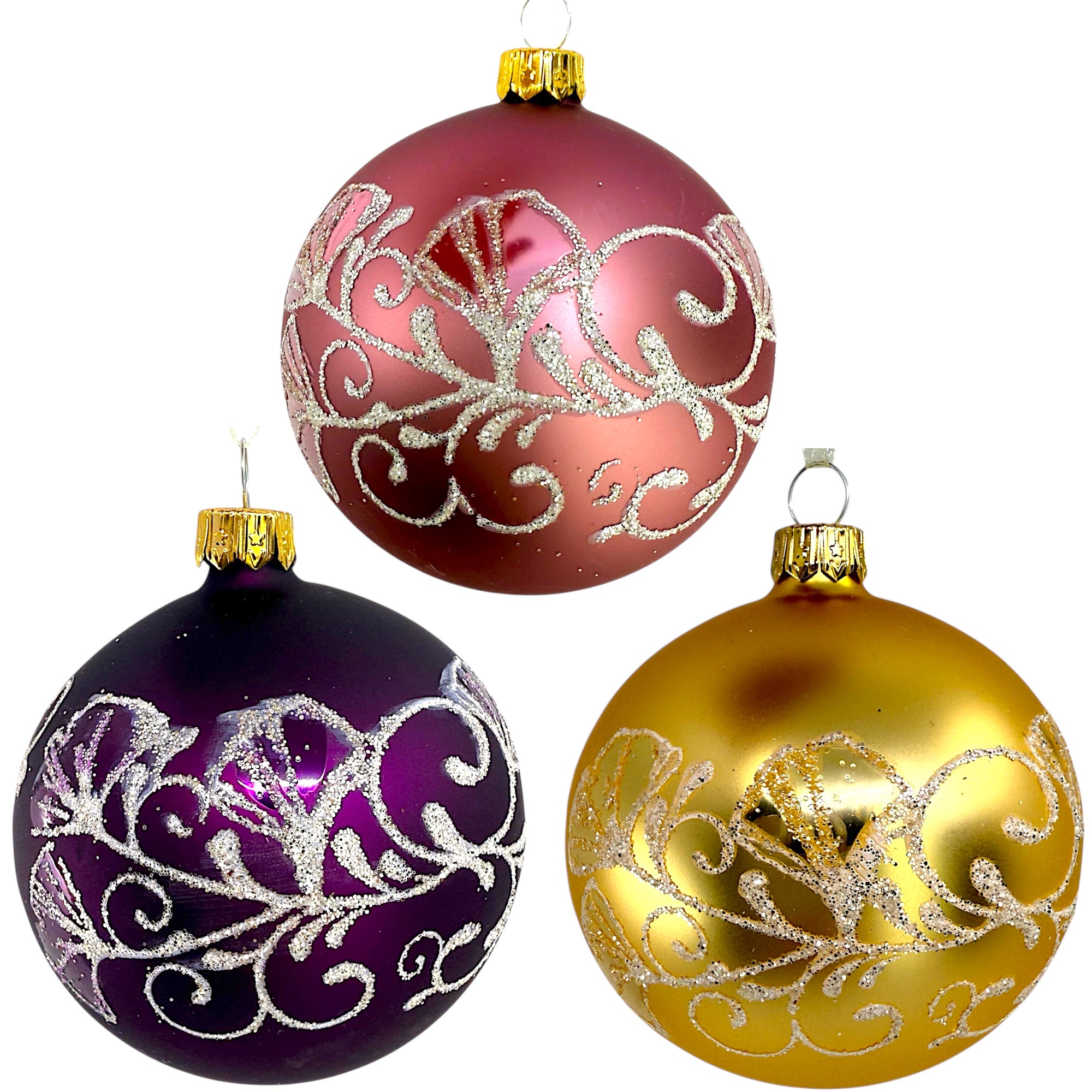 Ginkgo Leaves Glass Ornaments - Set of 3 European Mouth-Blown Bauble Ball Holiday Christmas Tree Decoration, Purple, Pink, and Gold