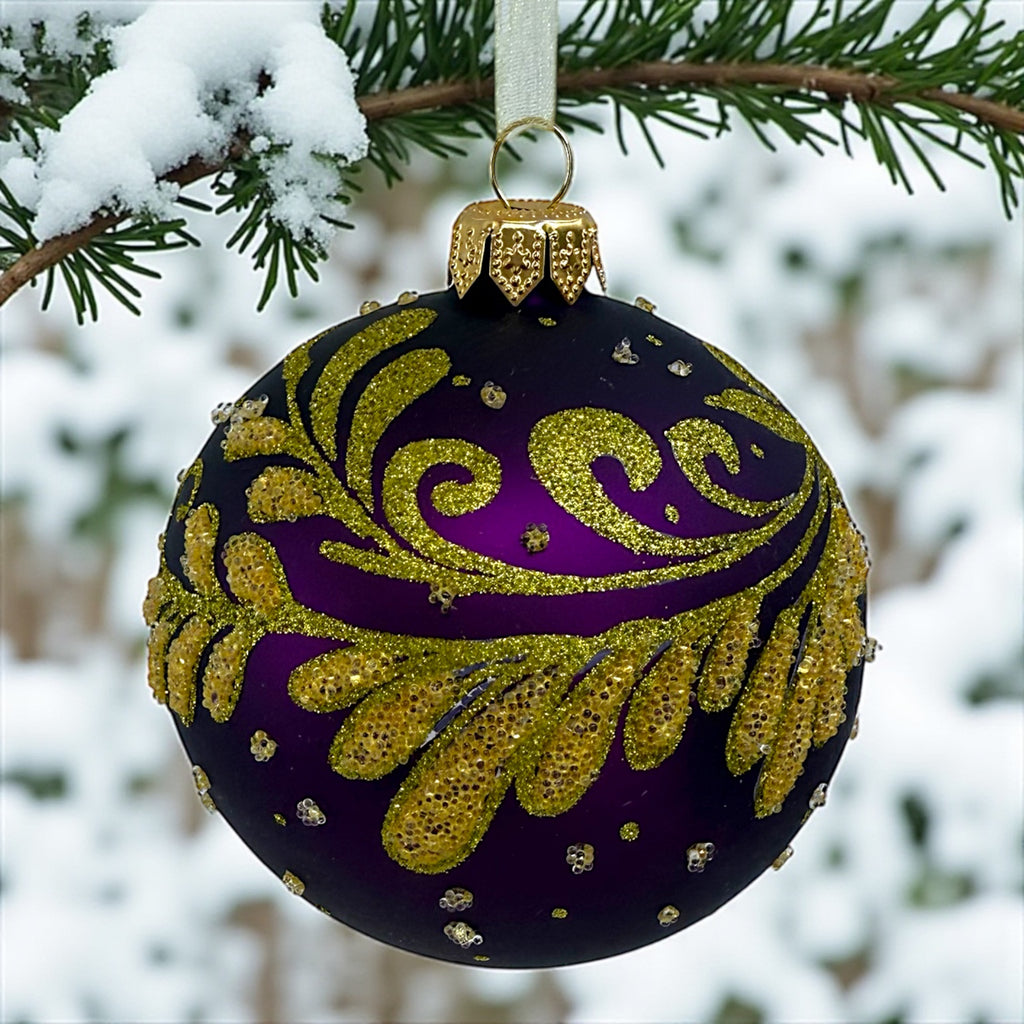 Purple Blown Glass Ornament - European Mouth-Blown Ball Holiday Christmas Tree Decoration, Purple, Gold Leaves and Swirl Design