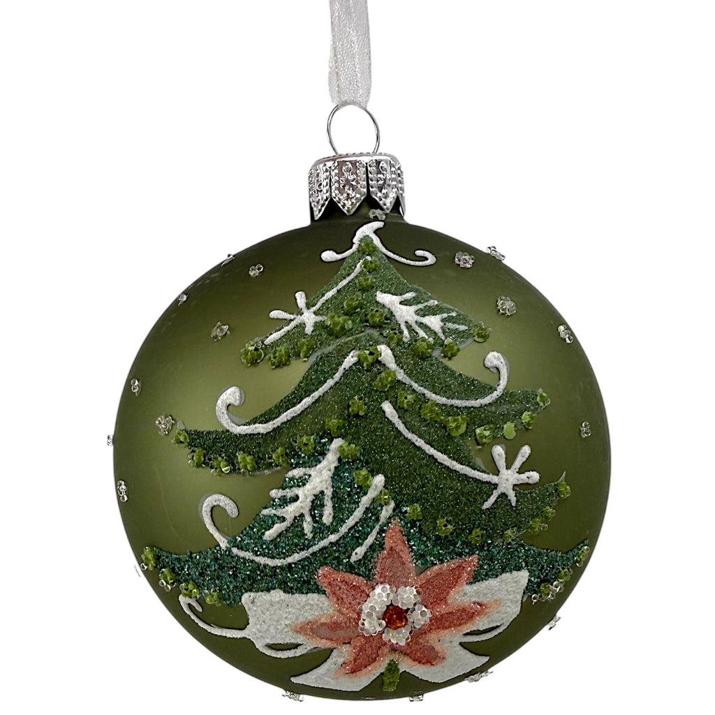 Pine Tree Blown Glass Ornaments - Set of 2 European Mouth-Blown Bauble Ball Holiday Christmas Tree Decorations, Green and Gold
