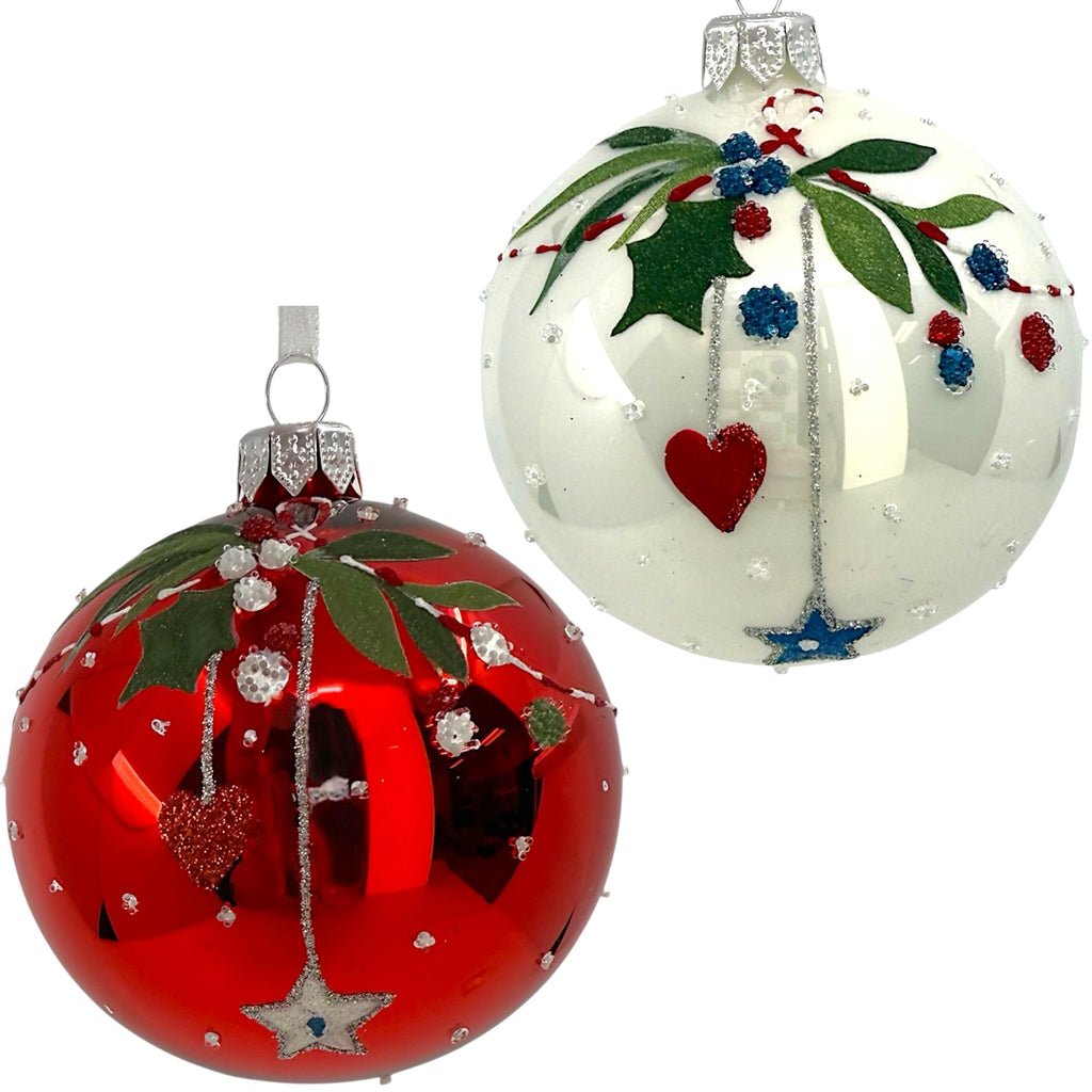 Mistletoe Heart Star Blown Glass Ornaments – Set of 2 European Mouth-Blown Bauble Ball Holiday Christmas Tree Decoration, Red, White, and Blue