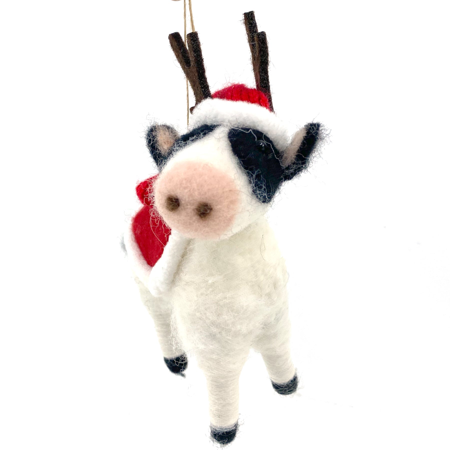 Cow Ornament - Wool Cow with Antlers and Santa Hat Christmas Decoration