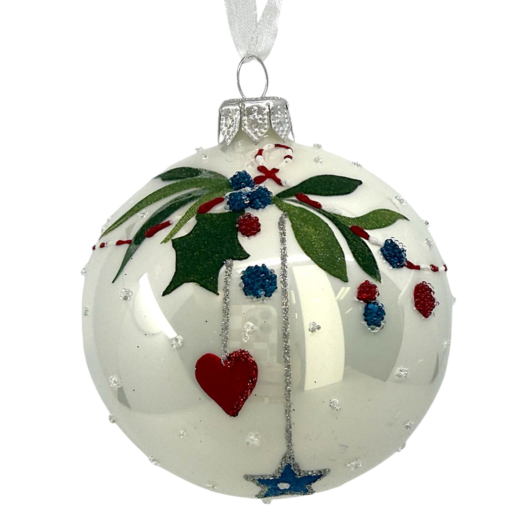 Mistletoe Heart Star Blown Glass Ornaments – Set of 2 European Mouth-Blown Bauble Ball Holiday Christmas Tree Decoration, Red, White, and Blue