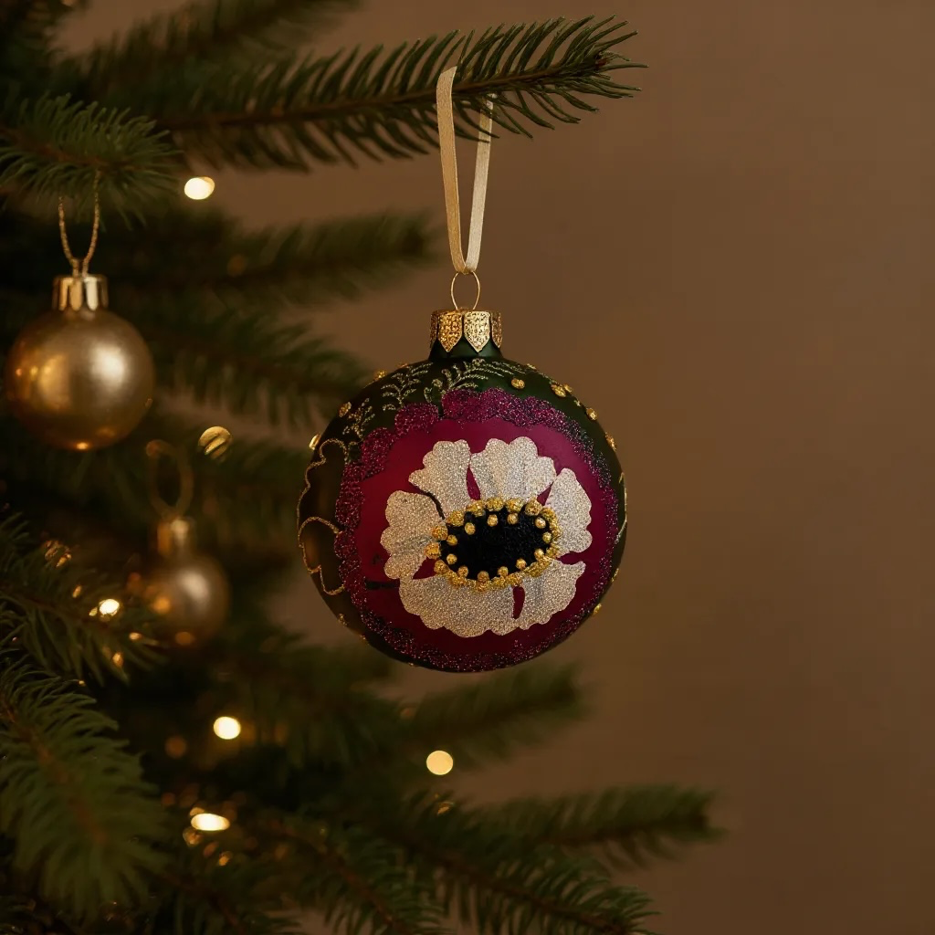 Poppy Glass Ornaments – Set of 2 European Mouth-Blown Bauble Ball Holiday Christmas Tree Decoration, Green, Purple, Pink