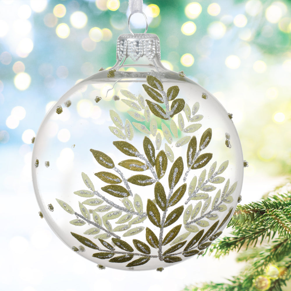 Eucalyptus Blown Glass Ornament – European Mouth-Blown Clear Glass Ball Holiday Christmas Tree Decoration