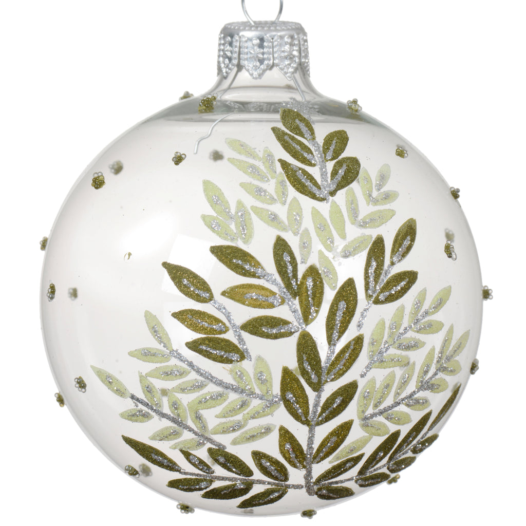 Eucalyptus Blown Glass Ornament – European Mouth-Blown Clear Glass Ball Holiday Christmas Tree Decoration