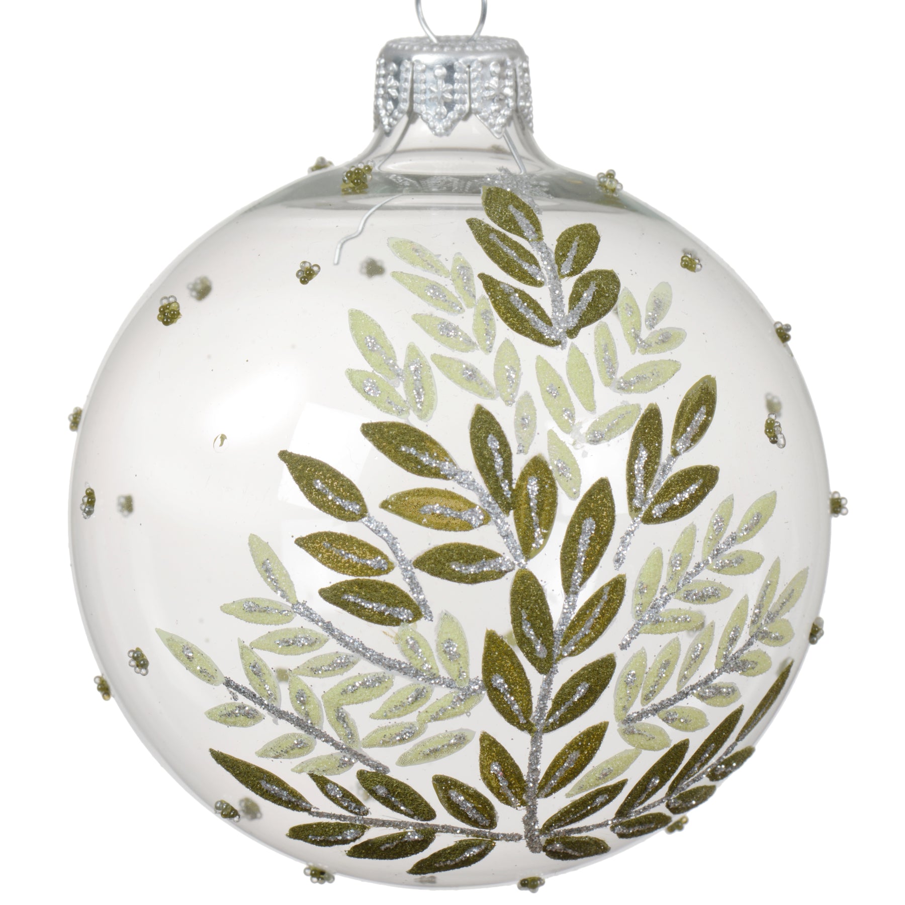 Eucalyptus Blown Glass Ornament – European Mouth-Blown Clear Glass Ball Holiday Christmas Tree Decoration