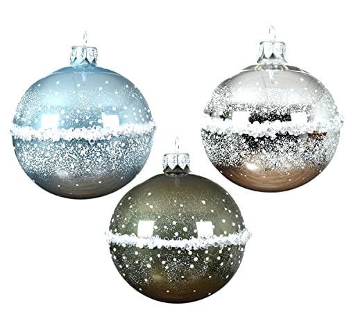 Coastal Snow on The Beach Blown Glass Ornaments - Set of 3 Blue, Green, and Silver Glass Balls