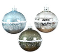 Coastal Snow on The Beach Blown Glass Ornaments - Set of 3 Blue, Green, and Silver Glass Balls