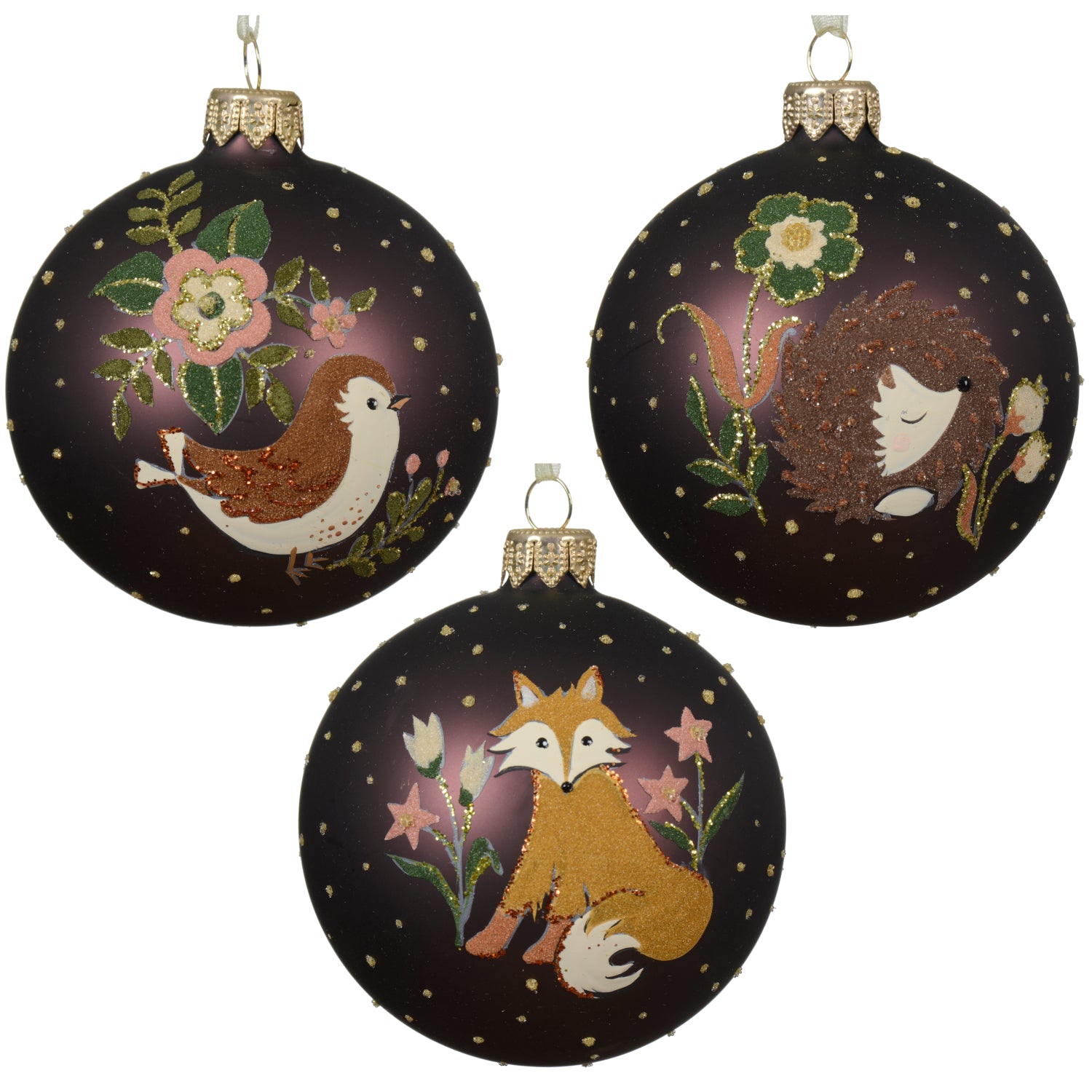Hand Painted Blown Glass Animal Ornaments – European Mouth-Blown Brown Glass Balls Set of 3 Fox, Hedgehog, and Bird