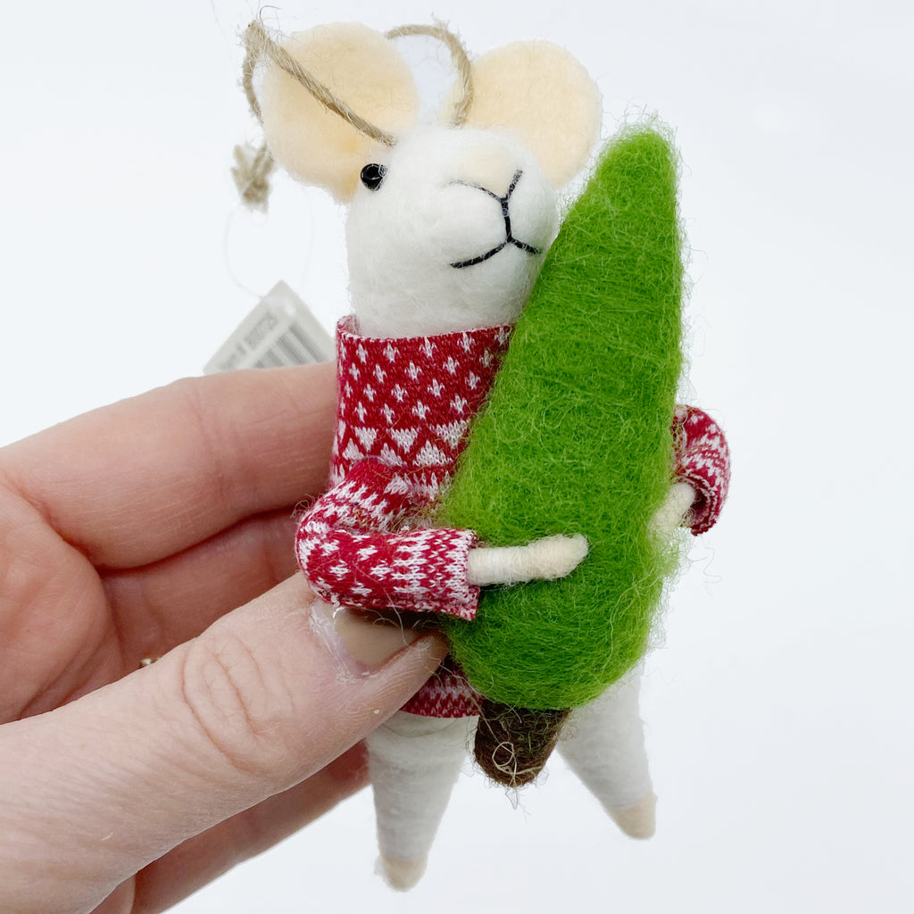 White Mouse Ornament - Wool Mouse in Red Sweater Holding Christmas Tree Ornament Holiday Decoration