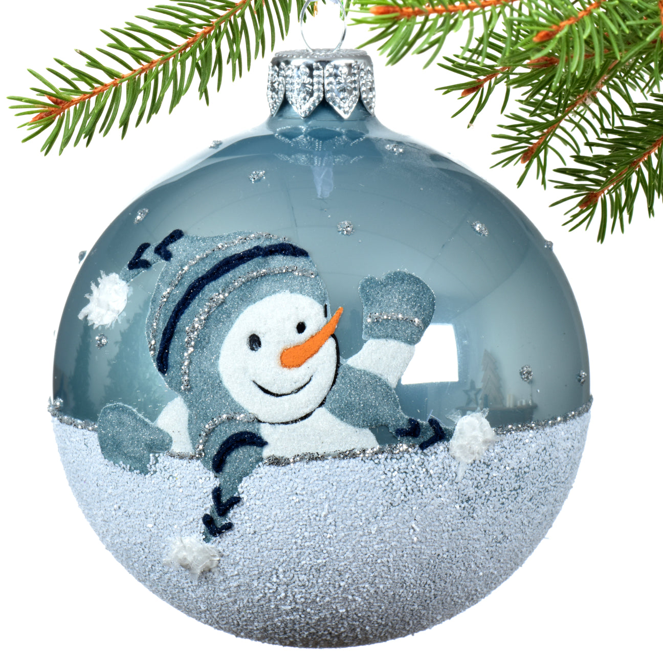 Snowmen Glass Ornaments - Set of 2 Blue European Glass Balls