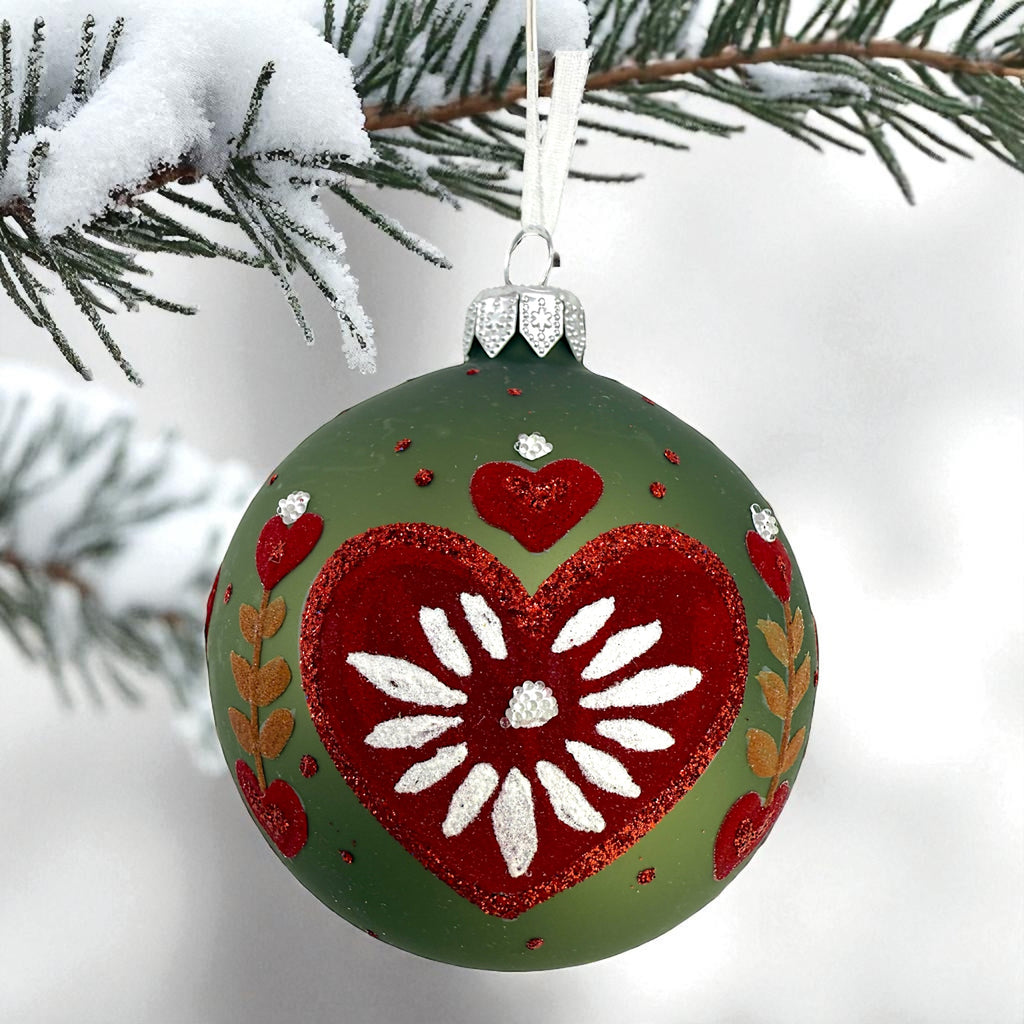Folk Art Heart Ornaments – Set of 2 European Mouth-Blown Glass Ball Holiday Christmas Tree Decoration, Green and Red