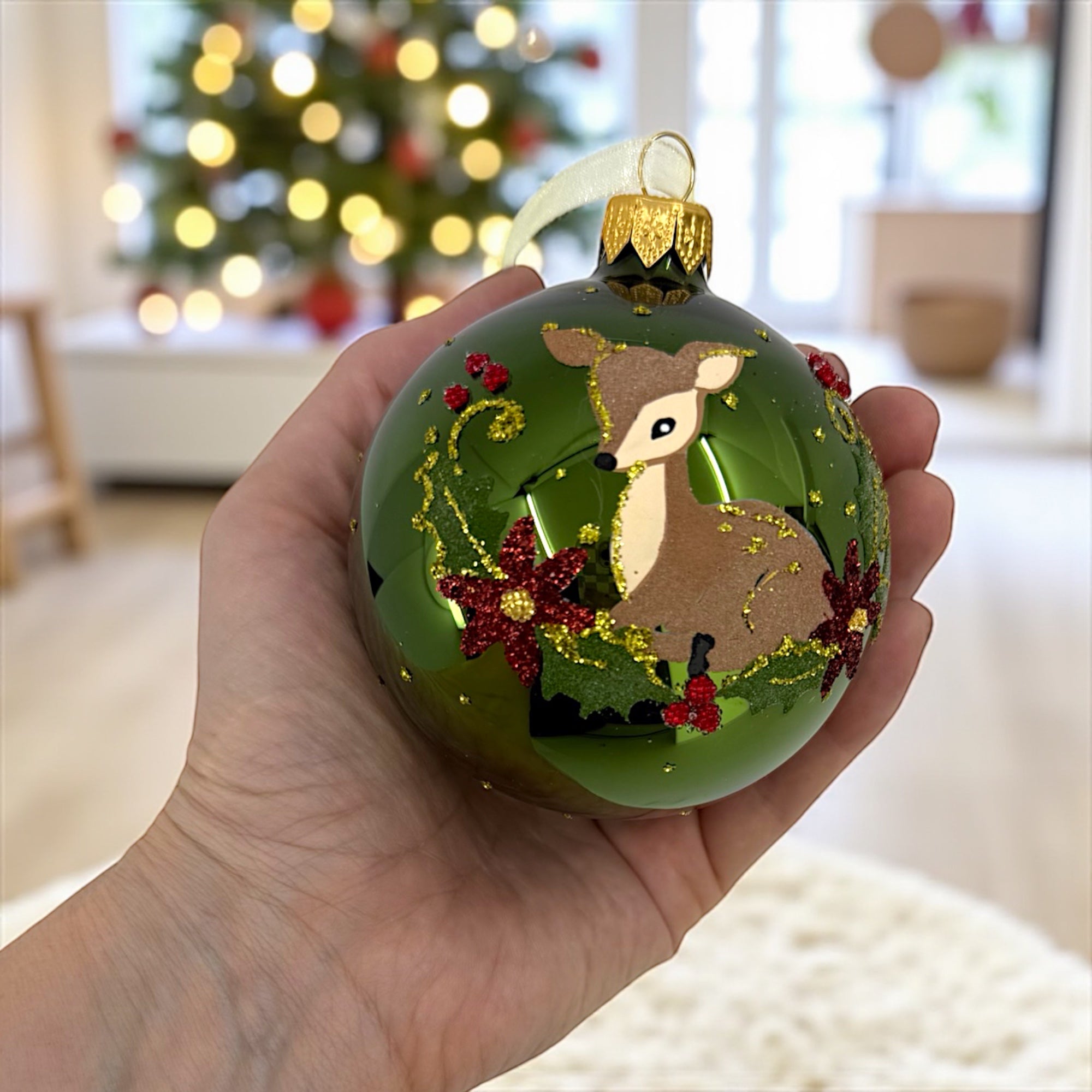 Fawn Holly and Berries Blown Glass Ornaments – Set of 2 European Mouth-Blown Baby Deer Ball Holiday Christmas Tree Decoration, Red and Green