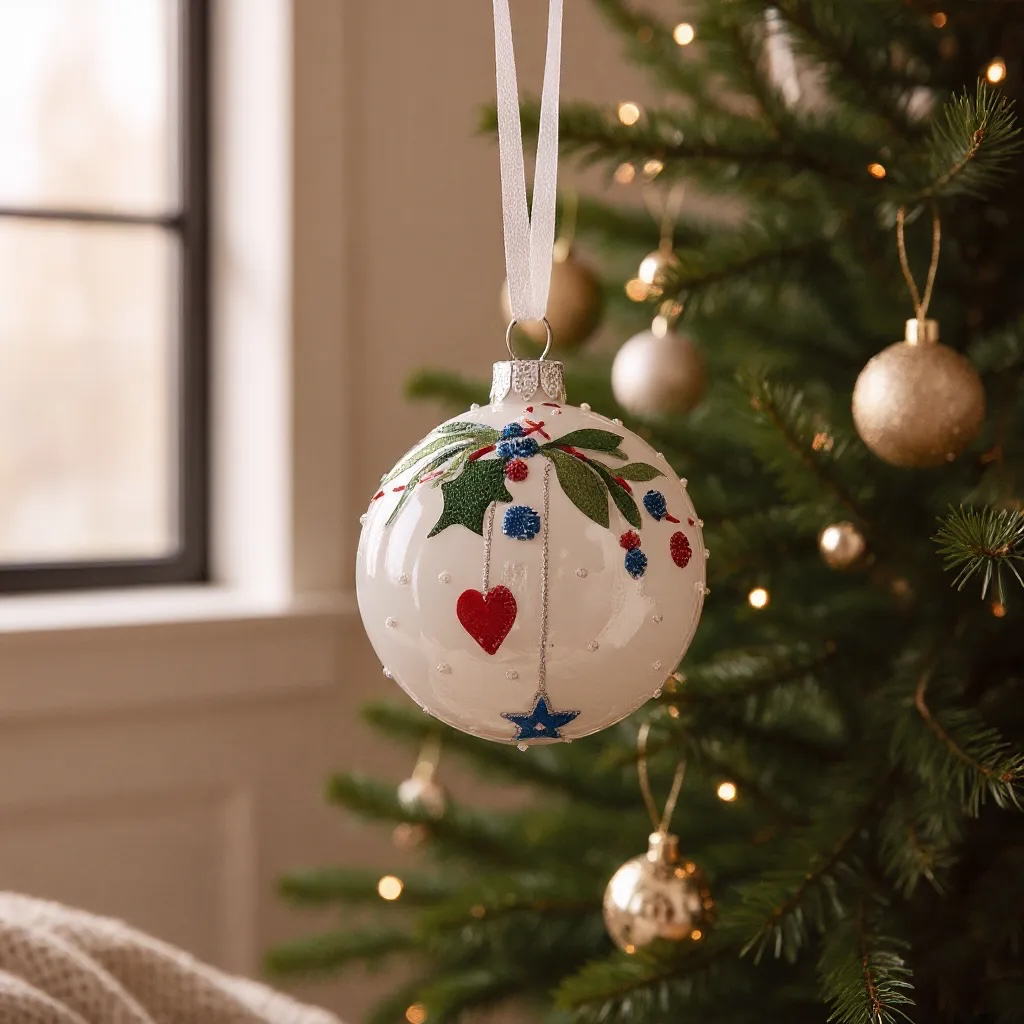 Mistletoe Heart Star Blown Glass Ornaments – Set of 2 European Mouth-Blown Bauble Ball Holiday Christmas Tree Decoration, Red, White, and Blue