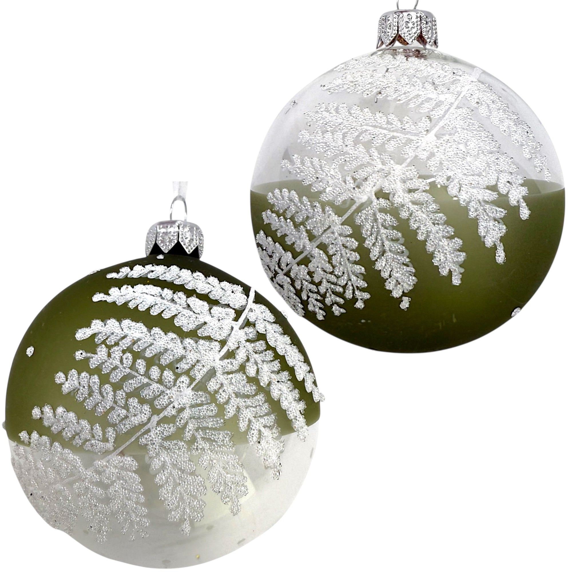 Fern Blown Glass Ornaments – Set of 2 European Baubles Balls Holiday Christmas Tree Decorations, Sage Green and Clear