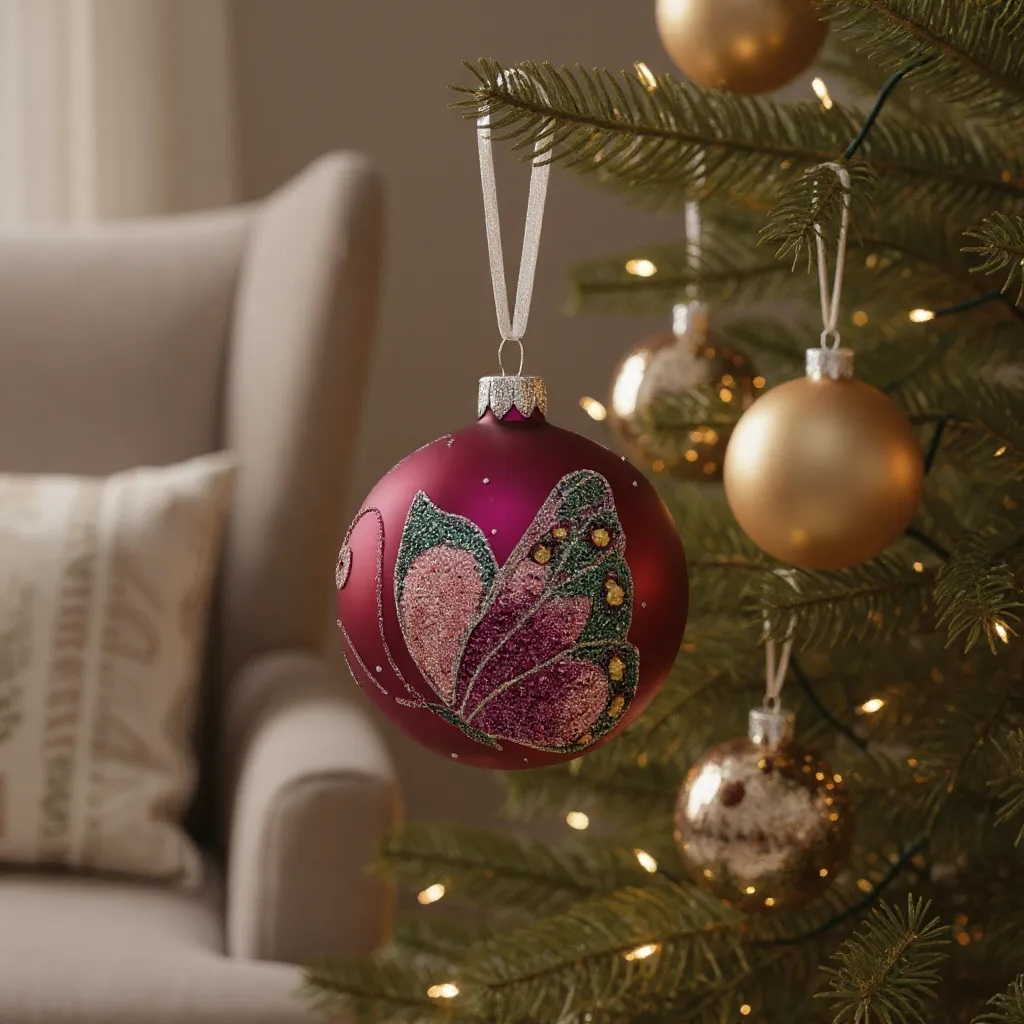 Butterfly Glass Ornaments- Set of 3 European Mouth-Blown Bauble Ball Holiday Christmas Tree Decoration, Green and Pink