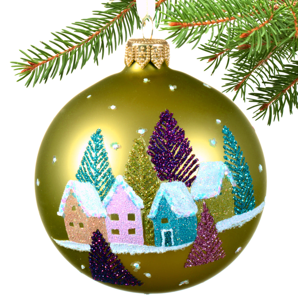Holiday Houses Blown Glass Ornament - Snowy Neighbors European Mouth-Blown Green Glass Ball