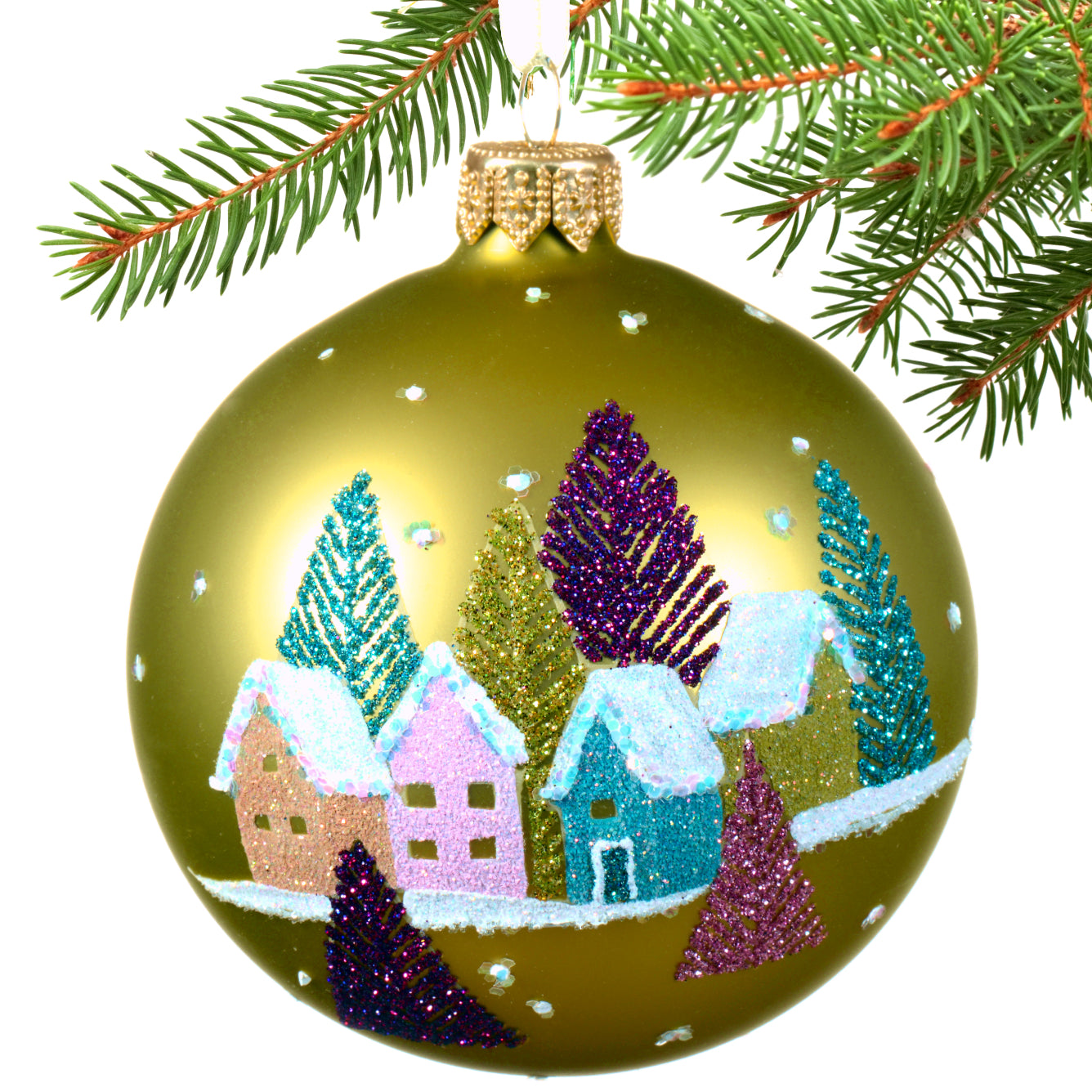 Holiday Houses Blown Glass Ornament - Snowy Neighbors European Mouth-Blown Green Glass Ball