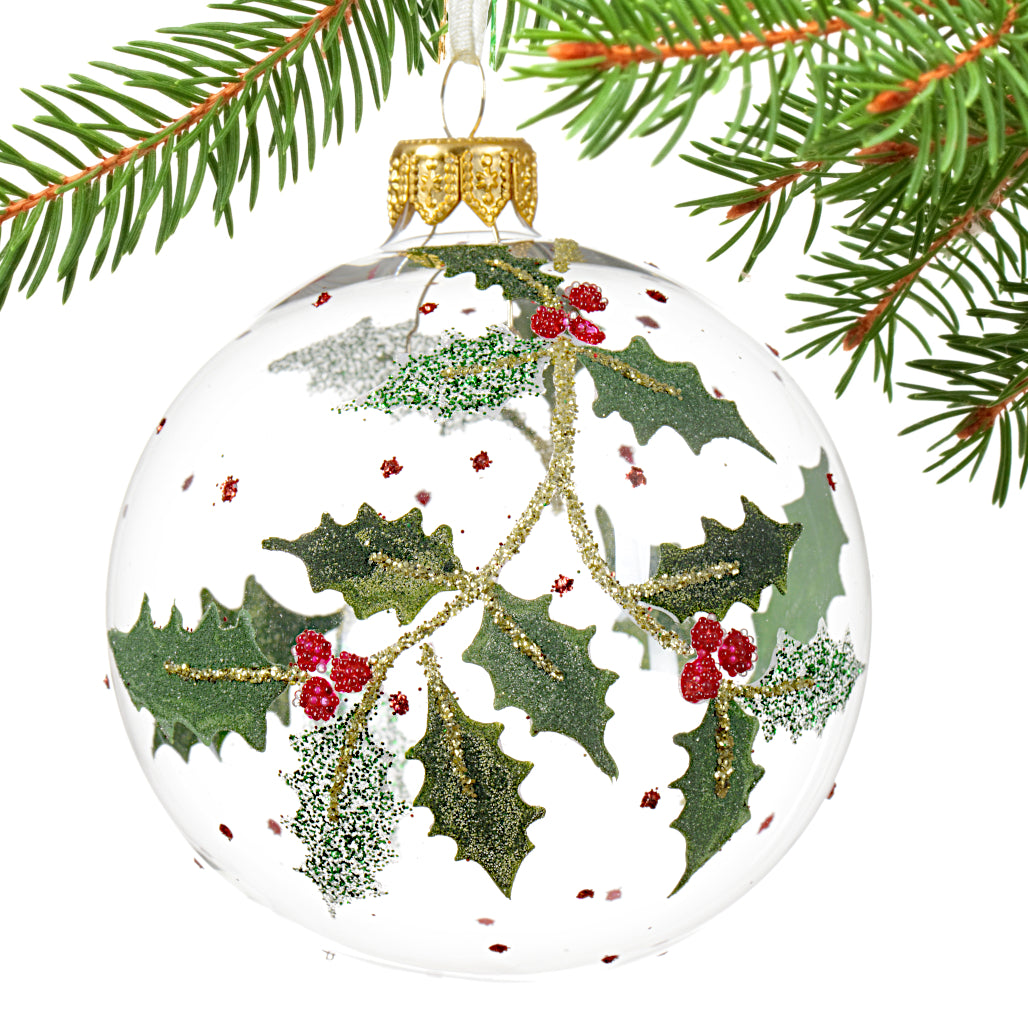 Holly Berries Blown Glass Christmas Decoration Ornament - European Mouth Blown Clear Glass Ball Holiday Christmas Tree Decoration