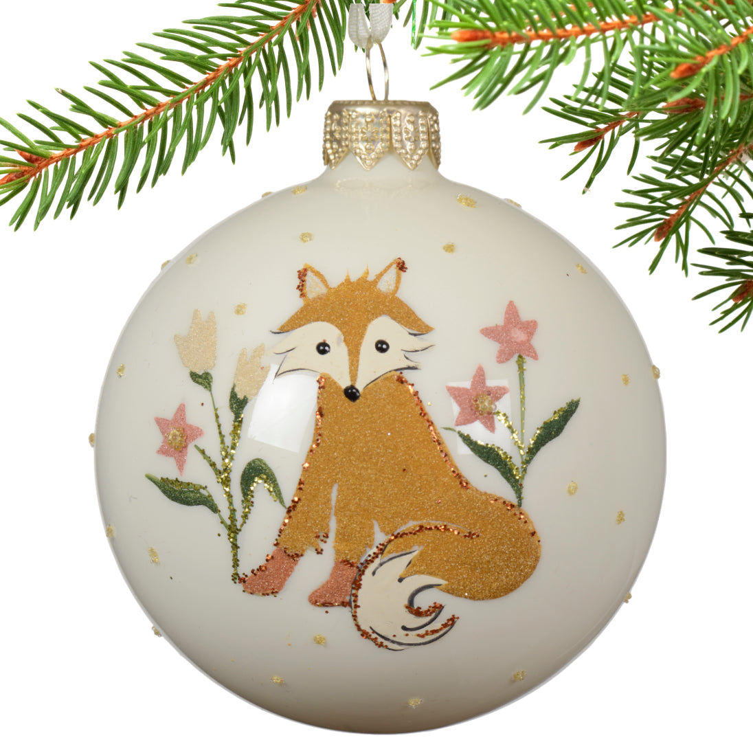 Painted Animals Blown Glass Ornaments – European Mouth-Blown White Glass Balls Set of 3 Fox, Hedgehog, and Bird