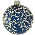 Blue Leaf Design Glass Ornament - European Mouth Blown Ball Holiday Christmas Tree Decoration