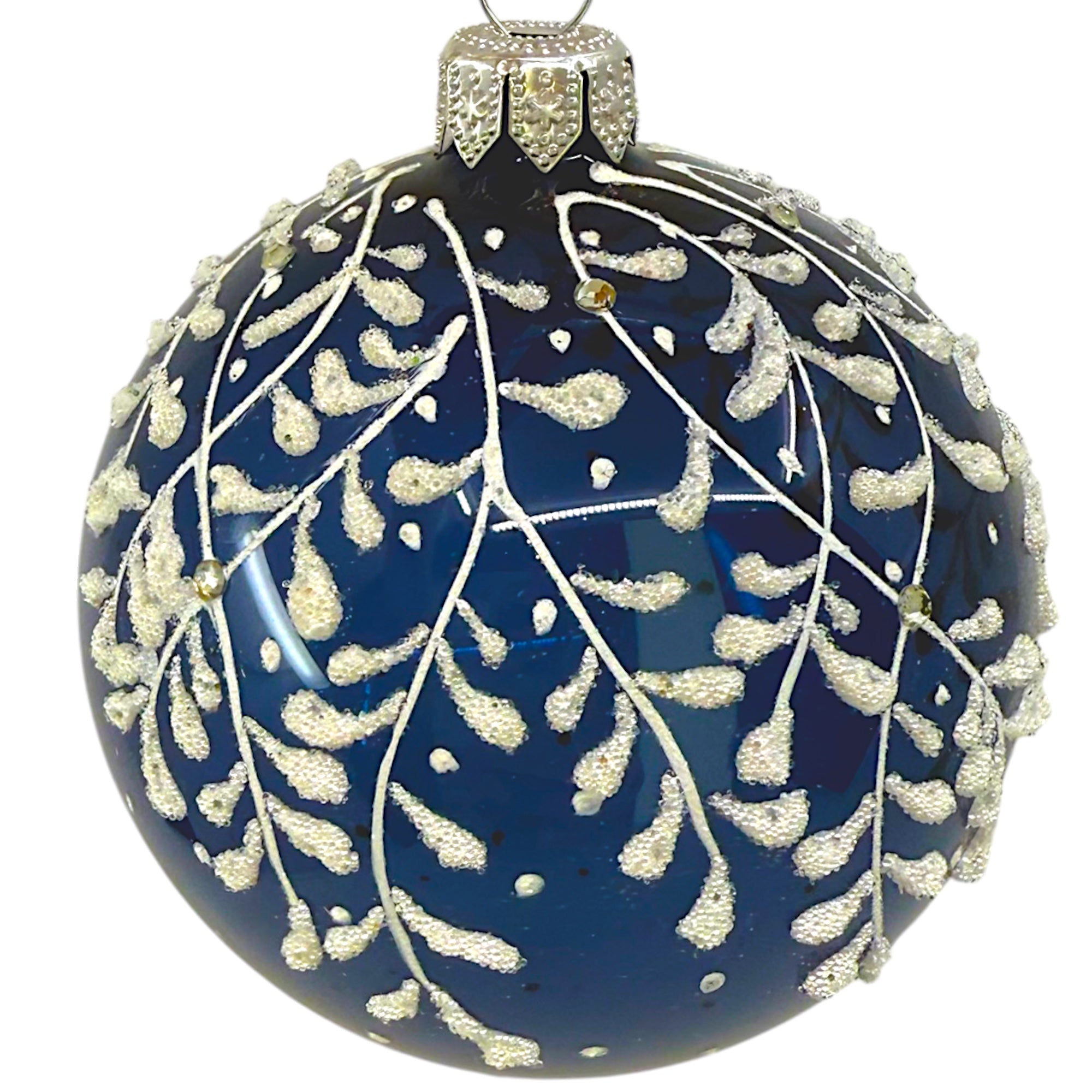 Blue Leaf Design Glass Ornament - European Mouth Blown Ball Holiday Christmas Tree Decoration