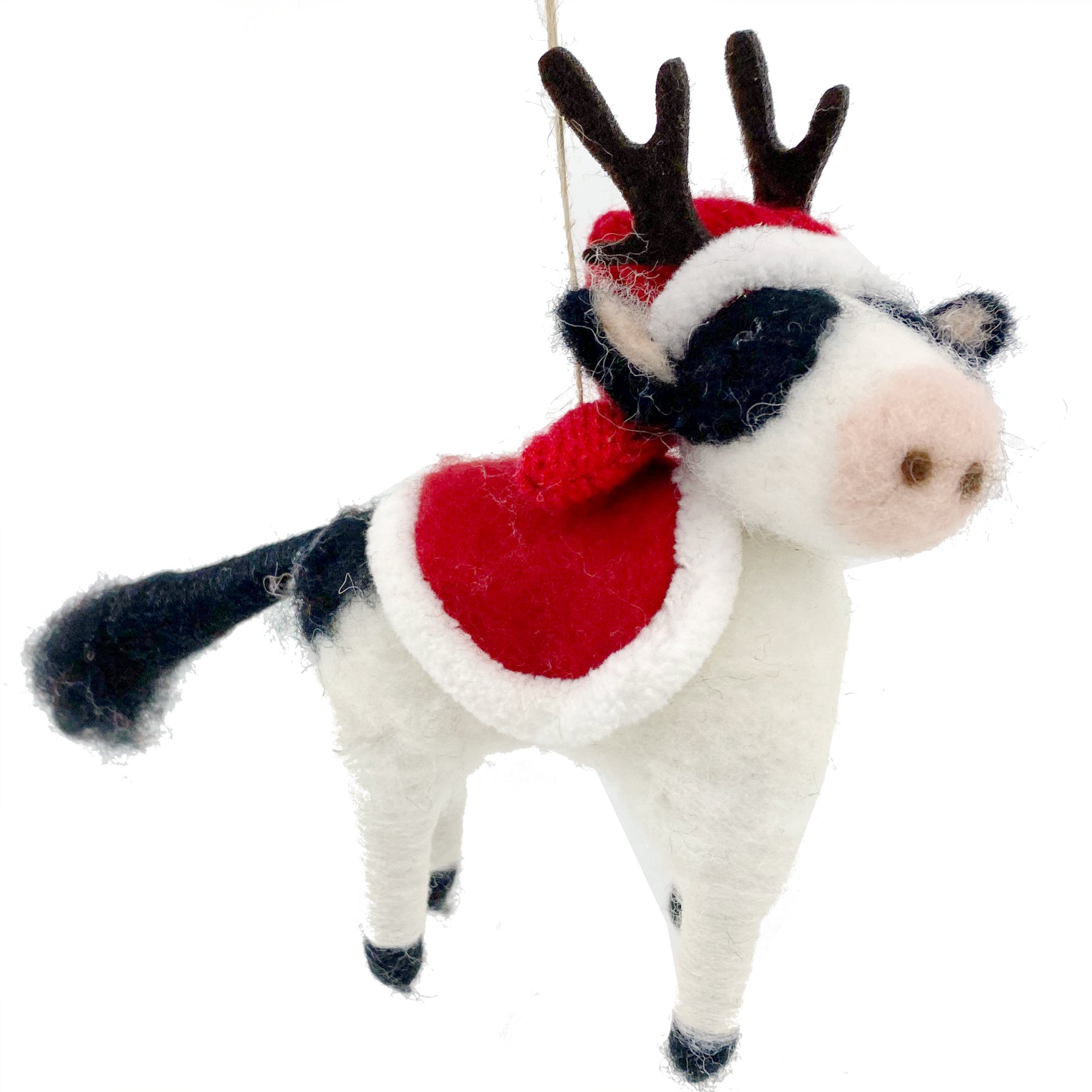 Cow Ornament - Wool Cow with Antlers and Santa Hat Christmas Decoration