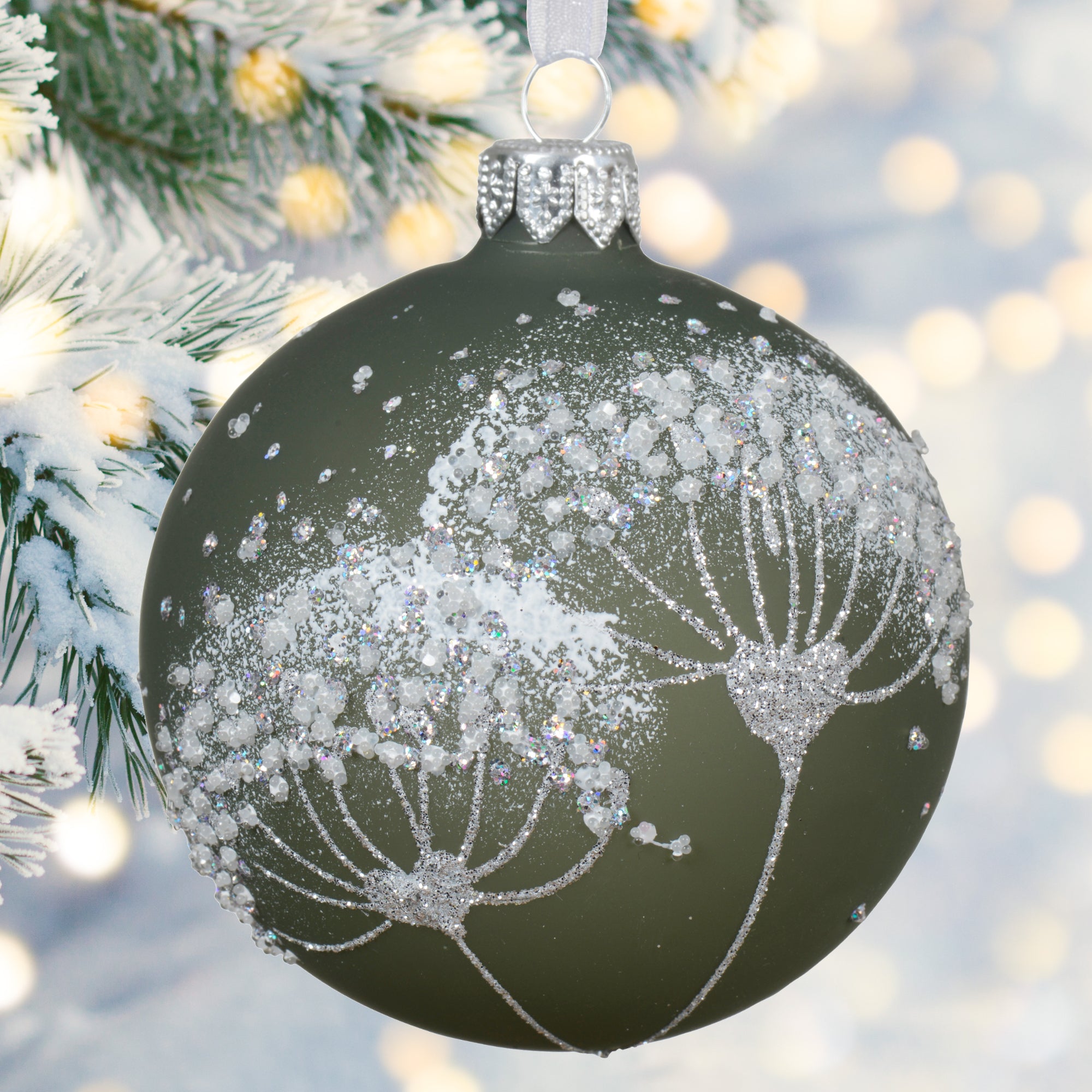 Milkweed Blown Glass Ornaments - Set of 2 Frosted White and Sage Green European Glass Balls